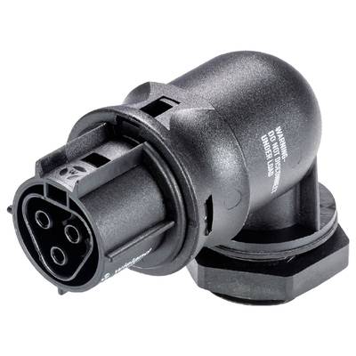 Czarno-szary adapter wtykowy z wieloma okrągłymi otworami przyłączeniowymi, z ostrzeżeniami umieszczonymi na bocznej powierzchni.