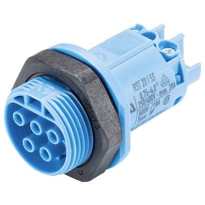 Niebieski, okrągły elektryczny złącz z wieloma stykami, przeznaczony do użycia przy maksymalnym napięciu 250V.