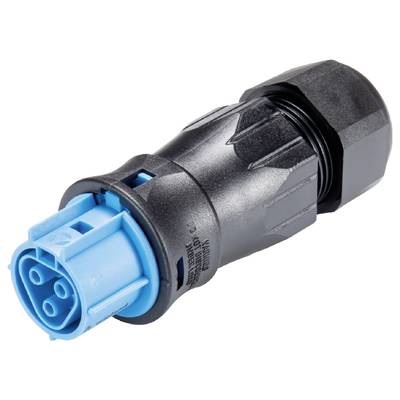 Niebieski i czarny elektryczny złącz, w przeważającej części cylindryczny, z wieloma stykami przyłączeniowymi i mechanizmem mocowania śrubowego.