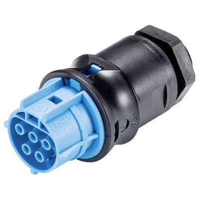 Czarno-niebieski wtyk elektryczny z wieloma stykami, sfotografowany pod kątem z boku.