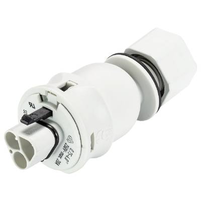 Biały, cylindryczny elektryczny złącz wielostykowy z mechanizmem blokowania, prawdopodobnie przeznaczony do zastosowań przemysłowych.