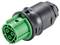 Zielony, okrągły wtyk wielostykowy z czarną obudową ochronną, odpowiedni do połączeń elektrycznych w zastosowaniach przemysłowych.