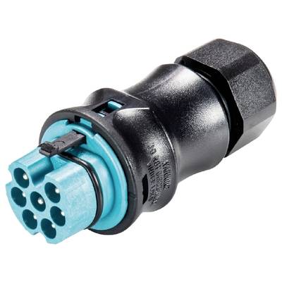 Czarny i niebieski wtyk elektryczny z wieloma stykami, używany do połączeń technicznych.