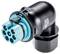Elektryczny złącz z niebieskim, okrągłym wtykiem i wieloma otworami przyłączeniowymi, otoczony czarną obudową.