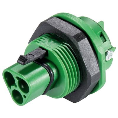 Zielony wtyk z tworzywa sztucznego z czarną ramką sześciokątną i wieloma złączami, stosowany do połączeń elektrycznych.