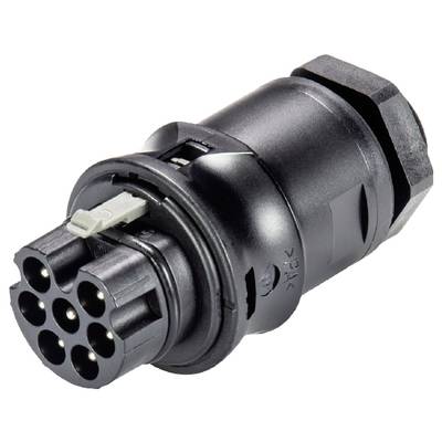 Czarny, cylindryczny wtyk elektryczny z siedmioma okrągłymi stykami metalowymi i mechanizmem blokującym, przeznaczony do złożonych połączeń.