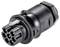 Czarny, cylindryczny wtyk elektryczny z siedmioma okrągłymi stykami metalowymi i mechanizmem blokującym, przeznaczony do złożonych połączeń.