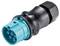 Niebieski, okrągły wtyk elektryczny z czarną obudową, przeznaczony do zastosowań przemysłowych, prezentuje styki kontaktowe.
