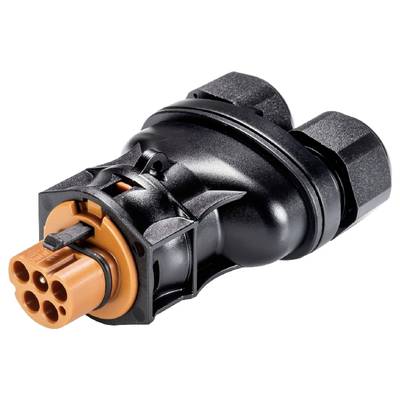 Czarno-pomarańczowa wtyczka do połączeń elektrycznych, składająca się z kilku styków, przedstawiona pod kątem.