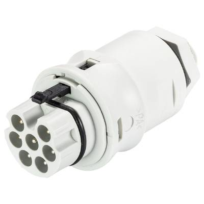 Biała elektryczna wtyczka połączeniowa z wieloma okrągłymi stykami, odpowiednia do zastosowań przemysłowych.