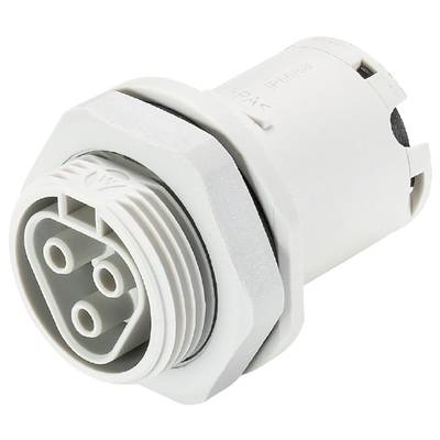 Biały, cylindryczny złącz z wieloma stykami metalowymi i gwintem śrubowym do połączeń elektrycznych.