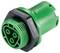 Zielona, cylindryczna wtyczka z trzema okrągłymi otworami i gwintem zewnętrznym, odpowiednia do podłączeń elektrycznych.