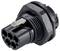 Czarny, sześciostykowy złącz wtykowy z gwintem śrubowym i zabezpieczeniem. Odpowiedni do zastosowań przemysłowych.