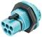 Turkusowy, cylindryczny wtyk z wieloma otworami przyłączeniowymi i czarnym pierścieniem mocującym.