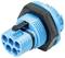 Niebieski wtyk sześciostykowy z czarnym pierścieniem mocującym, stosowany do połączeń elektrycznych w zastosowaniach technicznych.