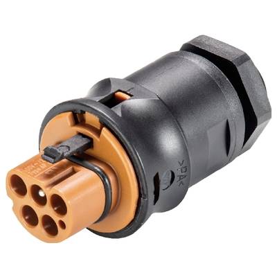 Czarno-pomarańczowy elektryczny złącz w kształcie cylindra, z pięcioma otworami w pomarańczowej części.