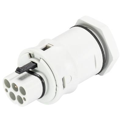 Biały cylindryczny wtyk elektryczny z wieloma stykami, umieszczony na neutralnym tle.