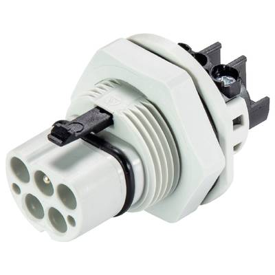 Biały, cylindryczny wtyk elektryczny z kilkoma okrągłymi złączami i czarnym mechanizmem zaciskowym do mocowania.