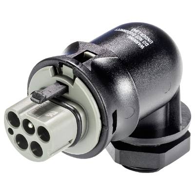 Adapter złącza elektrycznego, w kolorze czarnym i szarym, do zastosowań przemysłowych. Przedstawia gniazda i mechanizm blokujący.