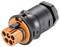 Elektryczny złącz wtykowy z czarną obudową i pomarańczowym wnętrzem, odpowiedni do zastosowań przemysłowych.