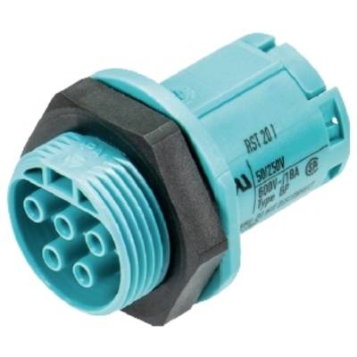 Niebieski, cylindryczny wtyk wielostykowy z ośmioma stykami i czarną obudową zewnętrzną. Oznaczenie: '50V/250V 600V/18A Type 6P'.