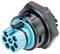 Elektryczny złącz wtykowy, okrągły wtyk z tworzywa sztucznego z niebieskim gniazdem i czarną obudową, widocznych kilka styków.