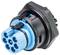 Wielobiegunowy wtyk elektryczny w kolorze niebieskim i czarnym, odpowiedni do zastosowań przemysłowych.