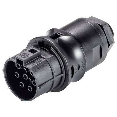 Czarny, cylindryczny adapter elektryczny z wieloma stykami, przeznaczony do złączy samochodowych.