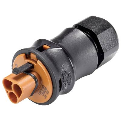 Czarno-pomarańczowy wtyk elektroniczny o kształcie cylindrycznym, wyposażony w mechanizm blokujący, przeznaczony do łączenia przewodów.