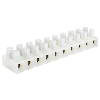 Biały blok złącza kablowego z wieloma zaciskami w rzędzie do połączeń elektrycznych.