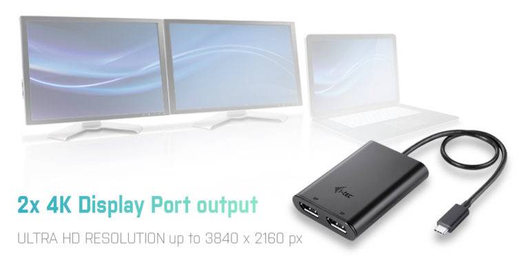 Adapter z złączem USB-C umożliwia podłączenie dwóch monitorów o rozdzielczości 4K, wynoszącej 3840 x 2160 pikseli.