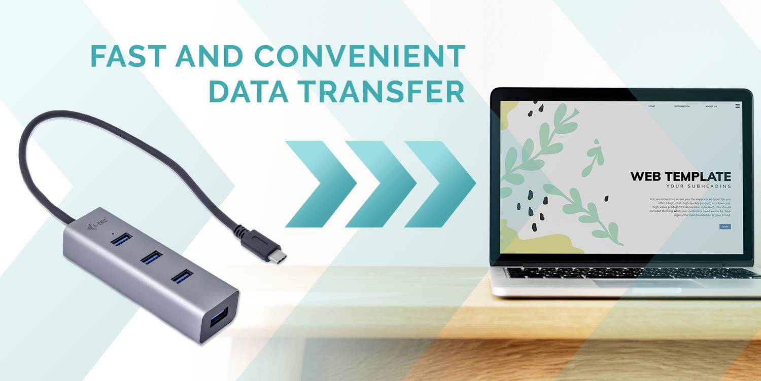 Szybki i wygodny transfer danych. Hub USB obok laptopa z szablonem strony internetowej na ekranie. Strzałki między hubem a laptopem symbolizują przesyłanie danych.