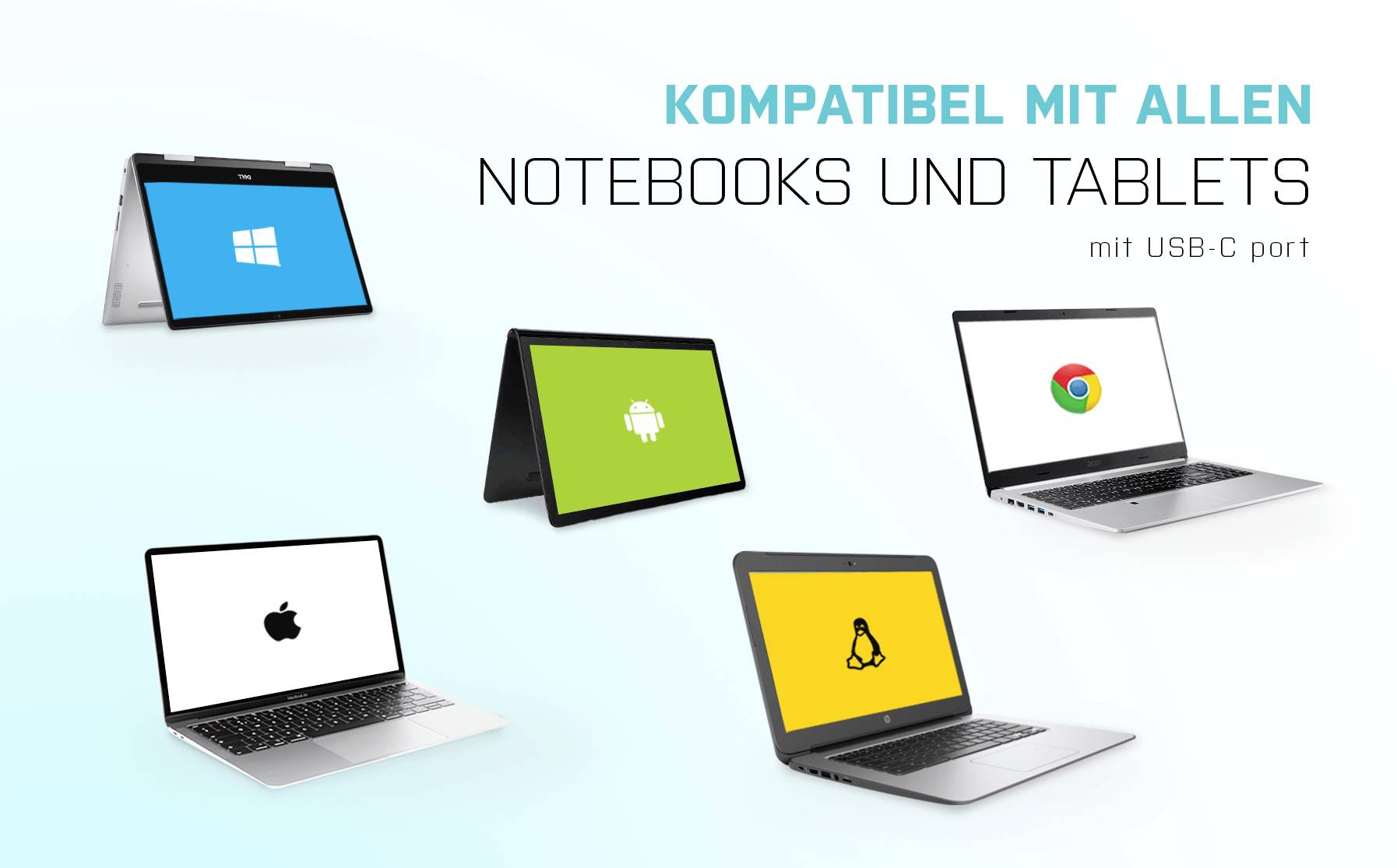 Kompatybilny ze wszystkimi notebookami i tabletami z portem USB-C, pokazujący obrazek laptopów i tabletów z logo Windows, Android, Chrome, Apple i Linux.