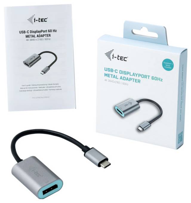 Adapter USB-C na DisplayPort 60 Hz firmy i-tec, w kolorze srebrnym, w opakowaniu, do rozdzielczości 4K. Łączy urządzenia z USB-C z monitorami DisplayPort.