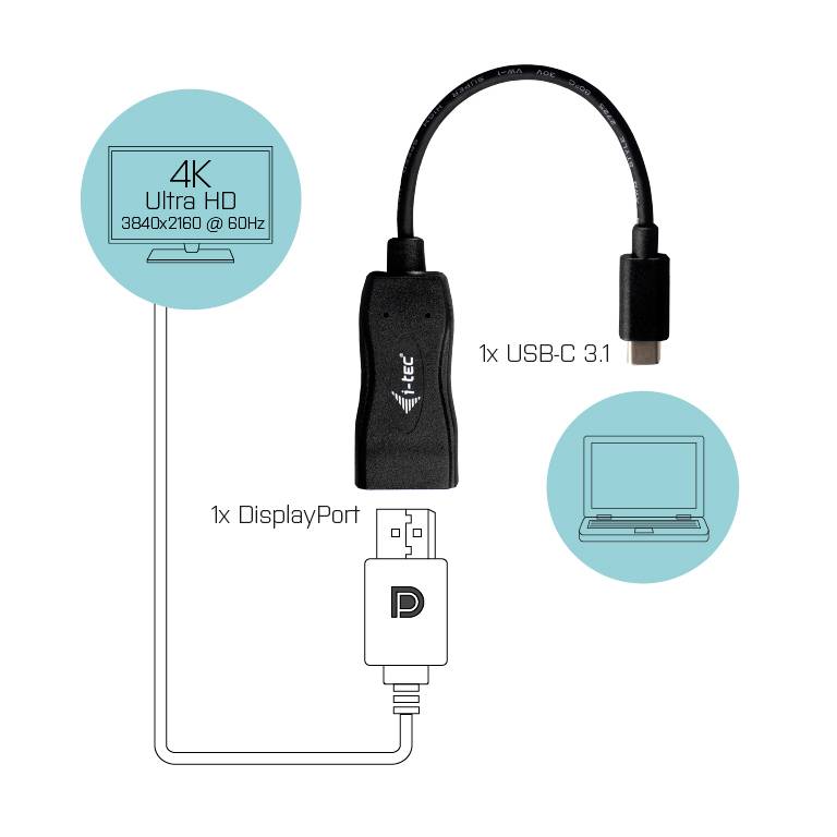 Adapter USB-C do DisplayPort do 4K Ultra HD przy 60Hz. Kompatybilny z laptopami i innymi urządzeniami z gniazdem USB-C.