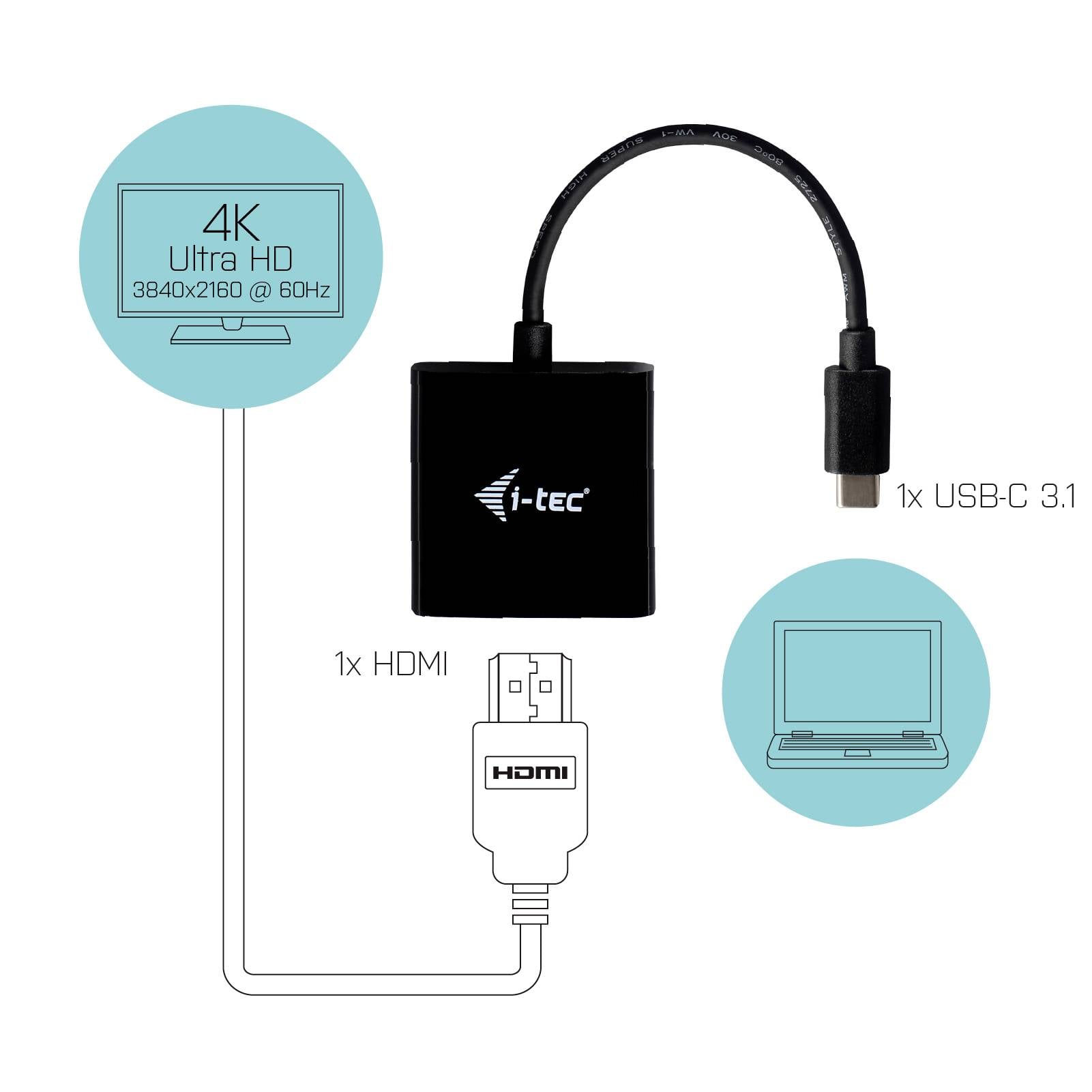 Schemat adaptera i-tec USB-C z portami: 1x HDMI oraz 1x USB-C 3.1. Obsługa 4K Ultra HD 3840x2160 @ 60Hz.