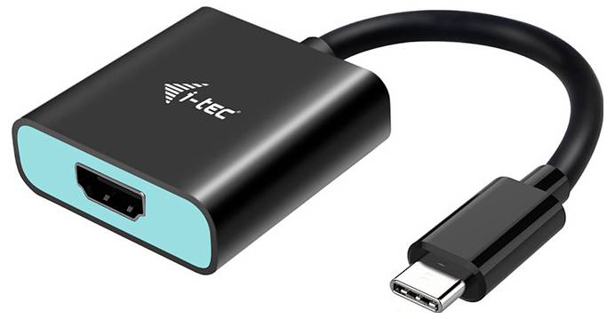 Adapter USB-C do HDMI firmy i-tec, czarna obudowa z turkusowym złączem, umożliwia podłączenie HDMI przez port USB-C.