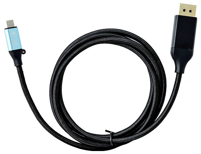 Czarny, pleciony kabel z wtykiem DisplayPort po jednej stronie i wtykiem USB-C po stronie drugiej.