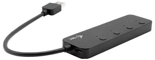 Czarny hub USB z wtyczką USB-A i wieloma portami USB. Hub posiada krótki kabel i kompaktową budowę.