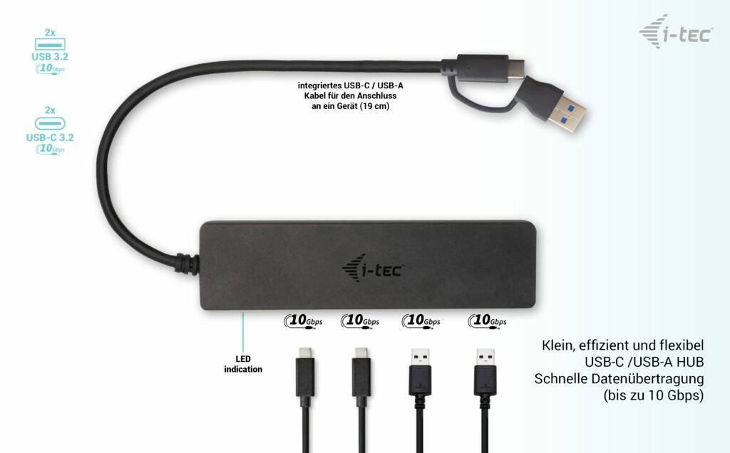 'Hub USB-C/USB-A do szybkiego przesyłania danych do 10 Gb/s. Cztery porty z wskaźnikiem LED.'