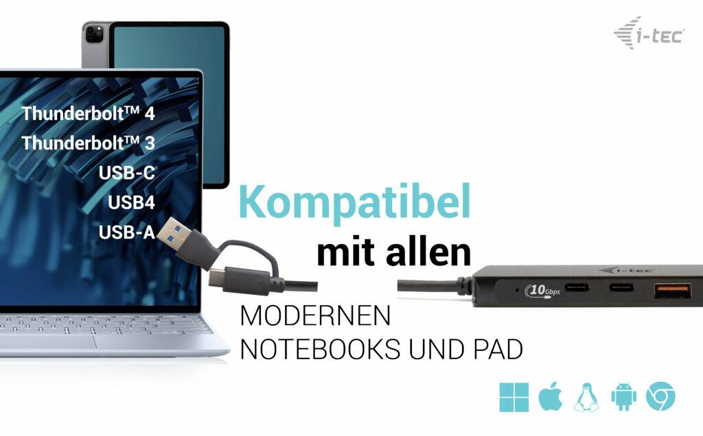 'Laptop z podłączoną stacją dokującą, kompatybilny z Thunderbolt™ 4, USB-C, USB4, USB-A. Odpowiedni dla nowoczesnych notebooków i tabletów.'