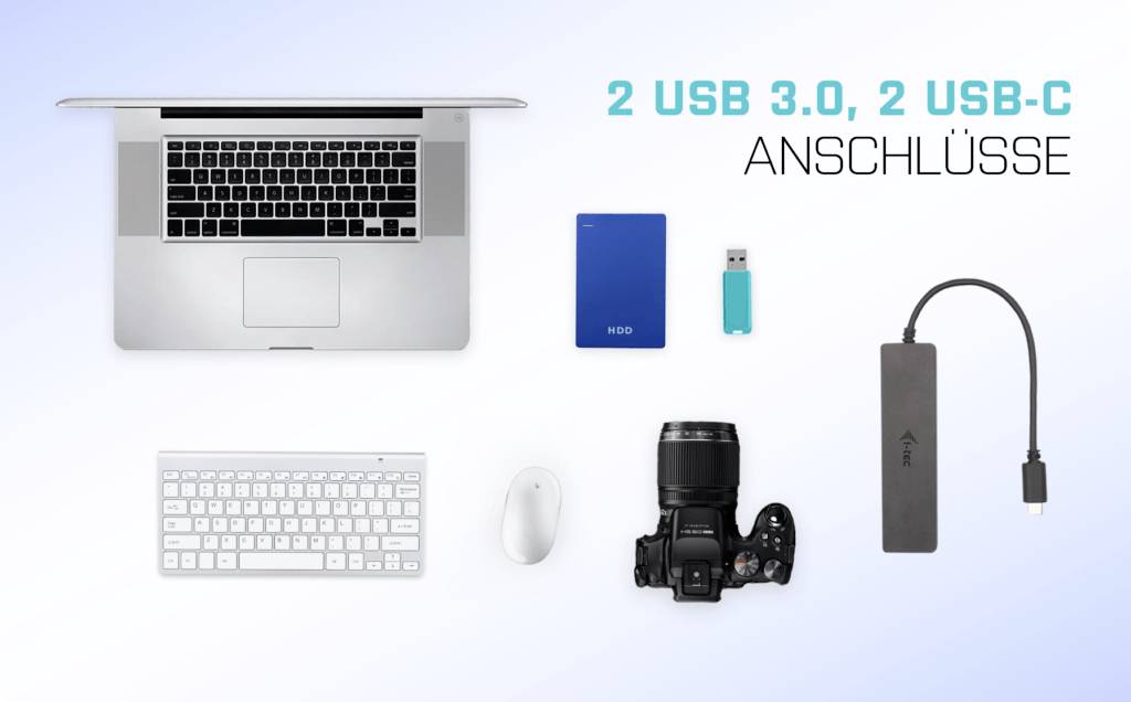 Laptop z klawiaturą, myszą, kamerą, dyskiem twardym, pendrivem i adapterem USB-C. Tekst: '2 porty USB 3.0, 2 porty USB-C'.
