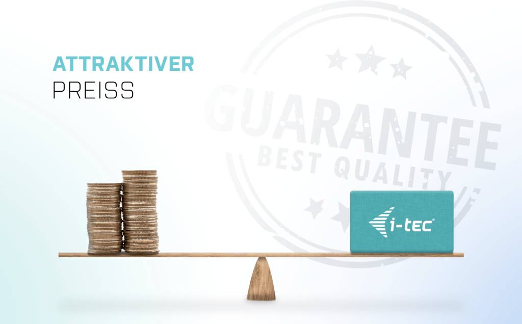 Stos monet na wadze, zrównoważony kartą i-tec. Po lewej stronie napis "Atrakcyjna cena". W tle widoczna pieczęć jakości.