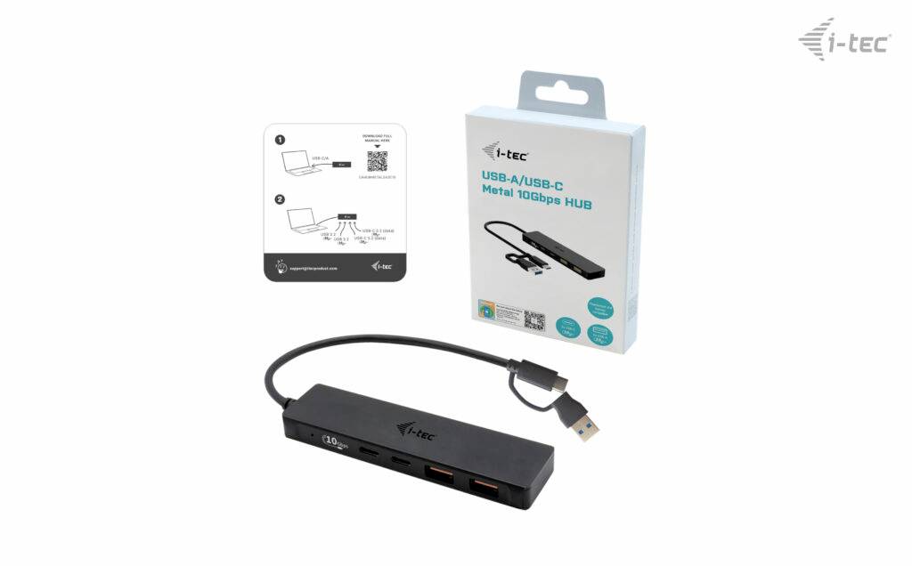 Hub USB/USB-C z kablem, opakowaniem i instrukcją. Projekt firmy i-tec, przystosowany do połączeń ethernetowych o przepustowości 1000 Mbps.