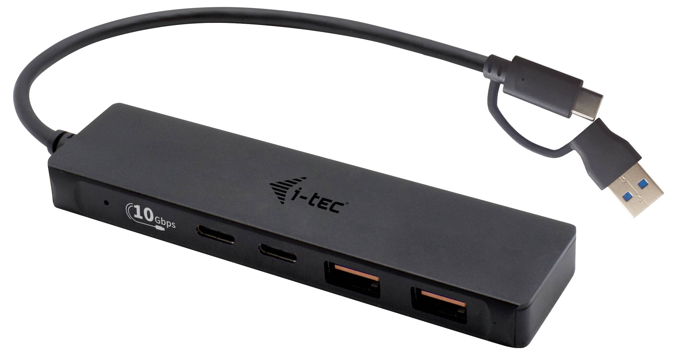 Zewnętrzny hub USB-C z wieloma portami, w tym dwa porty USB-A i dwa porty USB-C. Idealny do rozszerzenia możliwości podłączenia urządzeń.