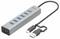 Hub USB z siedmioma portami USB 3.0, obudowa w kolorze srebrnym, z dołączonym przewodem wyposażonym w wtyczki USB-C i USB-A.
