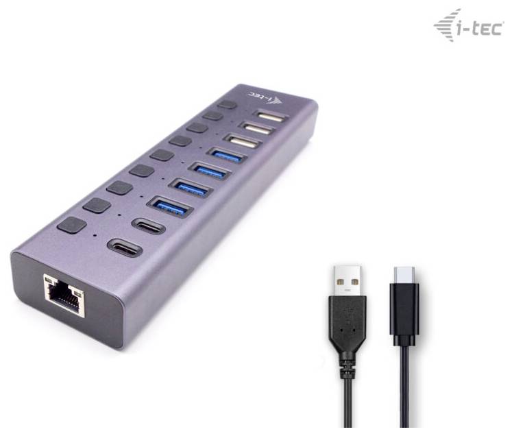 Szary hub USB z wieloma portami, w tym USB-A, USB-C oraz portem Ethernet. Widoczne są dwa kable połączeniowe.