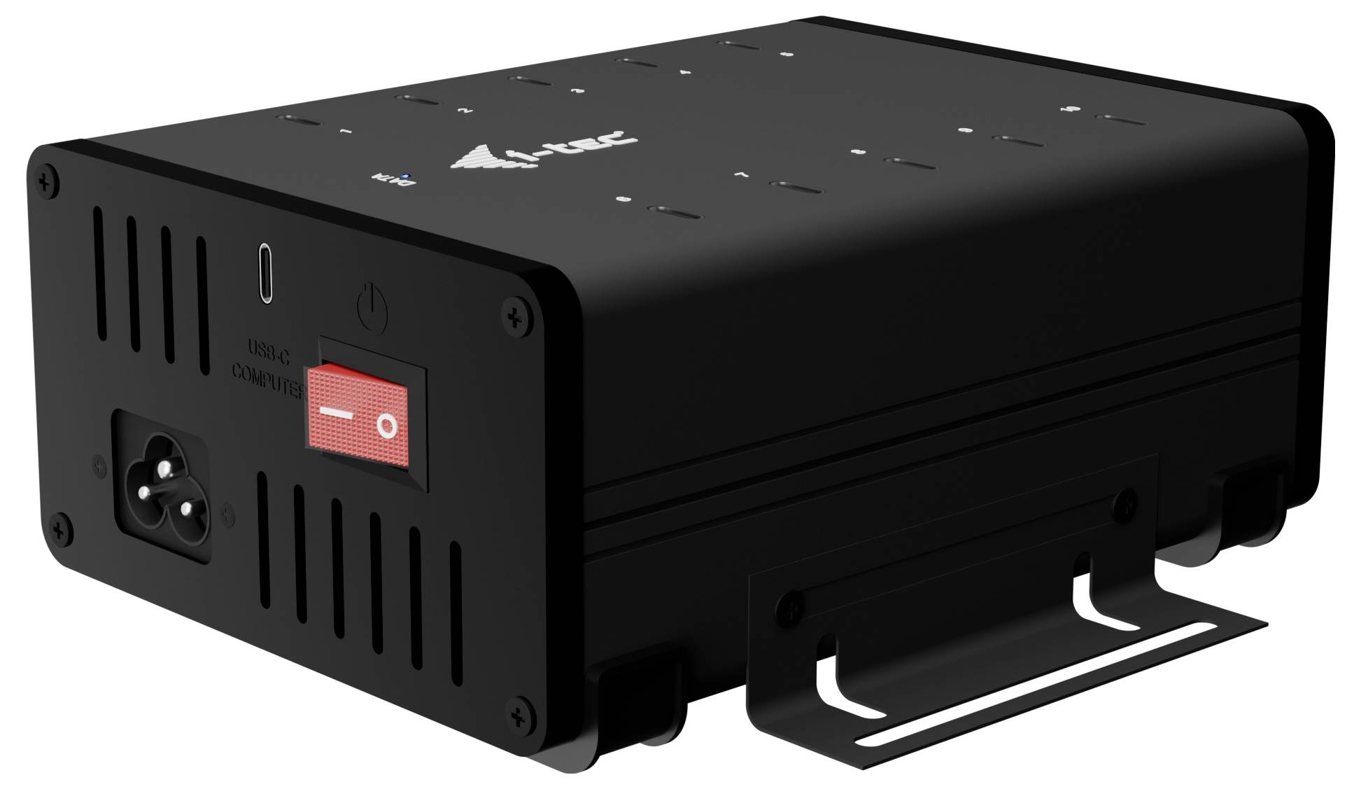 Czarny elektroniczny sprzęt z otworami wentylacyjnymi, gniazdem przewodu zasilającego i czerwonym przełącznikiem włączania/wyłączania z boku.