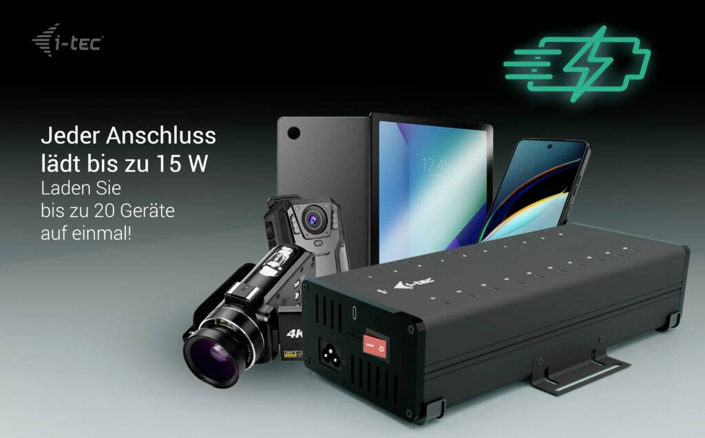 "Ładuj do 20 urządzeń z mocą do 15 W." Ilustracja przedstawia różne urządzenia elektroniczne i duży zasilacz.