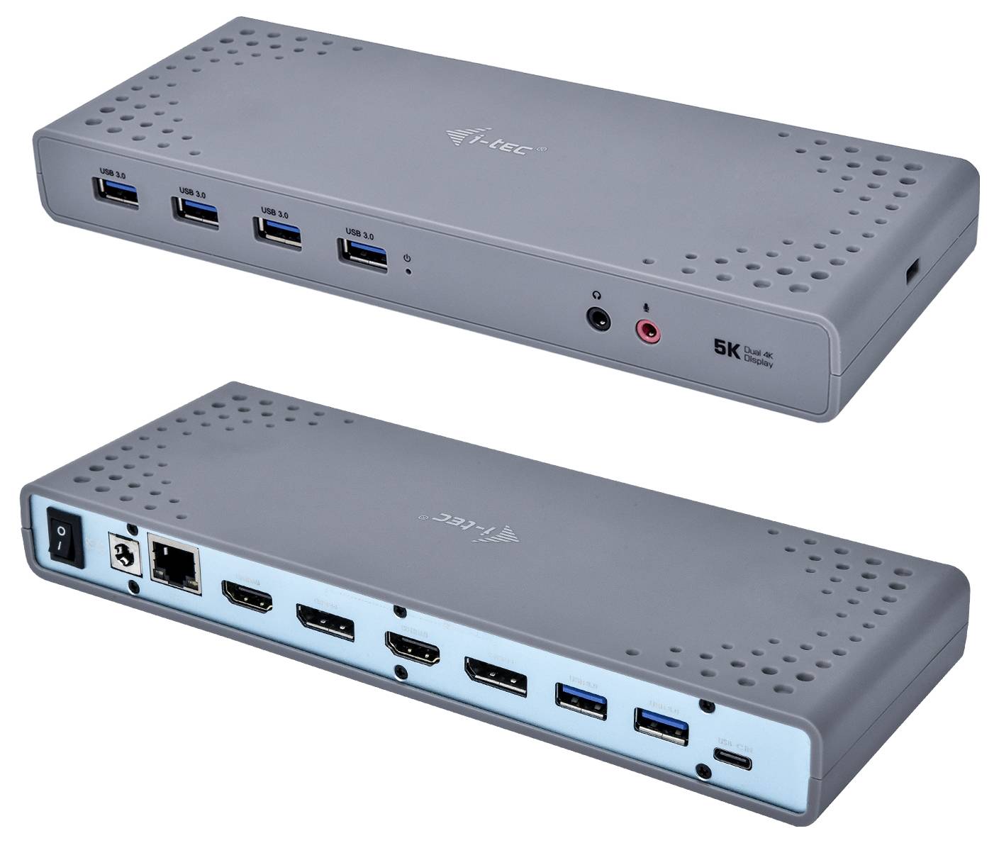 Szaro-czarna stacja dokująca z portami USB, HDMI, DisplayPort oraz wyjściami audio, widok z przodu i tyłu.